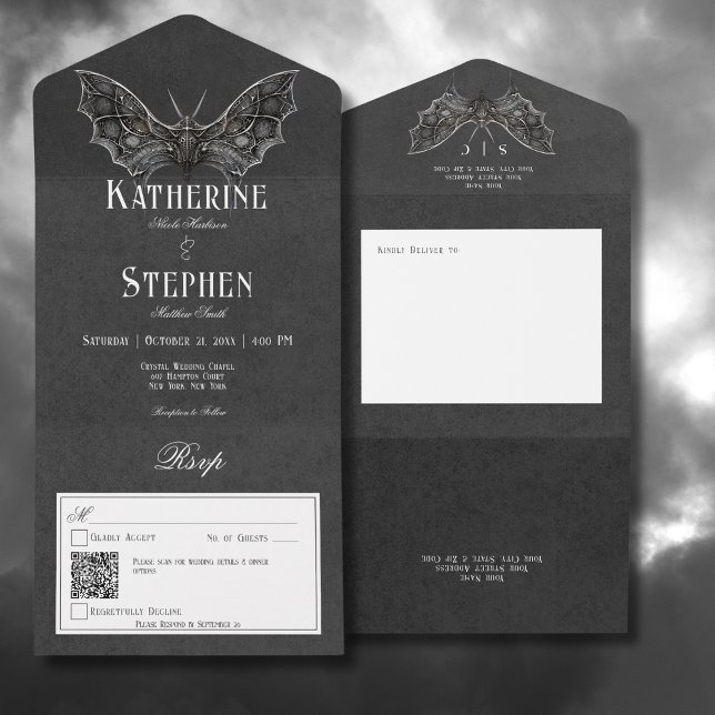 Gothic Moth Moody Black & White QR Code All In One Einladung (Gothic Moth Moody Black & White All In One Wedding Invitation with QR Code)