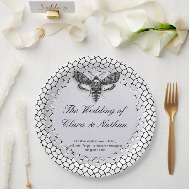Gothic Moth Skull Wedding - Dunkles Elegant Pappteller (Hochzeit)