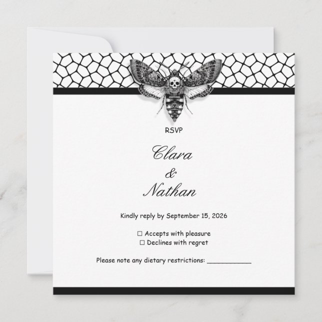 Gothic Moth Skull Wedding RSVP Card - Dunkles Eleg Einladung (Vorderseite)
