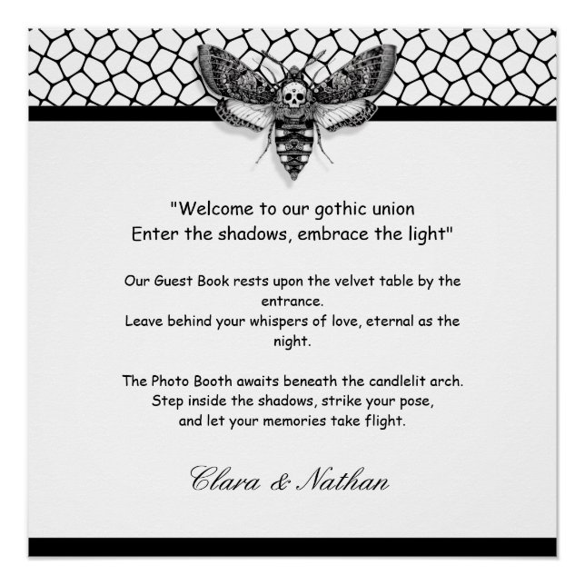 Gothic Moth Skull Wedding [ Schwarz & Weiß Poster (Vorderseite)