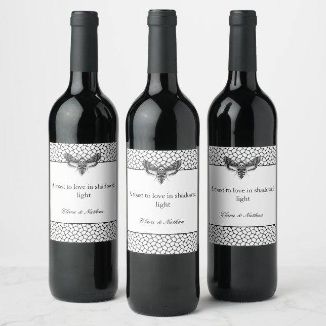 Gothic Moth Skull Wedding Wine Bottle Label - Blac Weinetikett (Flaschen)