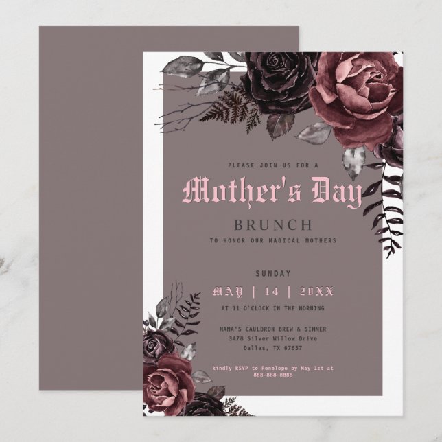 Gothic Mother's Day Brunch Burgundy Blume Party Einladung (Vorne/Hinten)