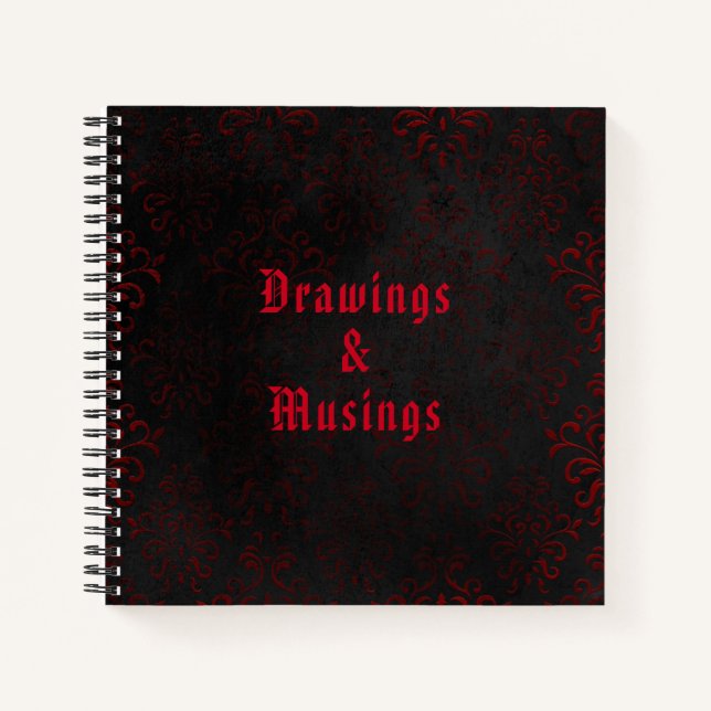 Gothic-Muster aus schwarzem und rotem Damast Notizbuch (Vorderseite)