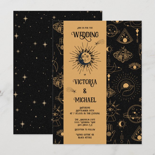 Gothic Mystical Moon Stars Moth Dark Wedding Invit Einladung (Vorne/Hinten)
