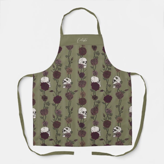 Gothic Oliven Grün Florale Totenköpfe Schürze (Vorderseite)