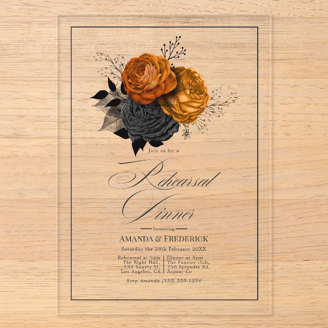 Gothic Orange and Black Floral Probe Dinner Acryleinladungen (Vorderseite)
