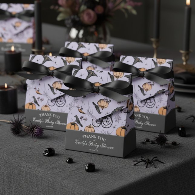 Gothic Orange Baby Carriage Baby Dusche Vielen Dan Geschenkschachtel (Gothic Baby Shower Favor Boxes. Spooky Vintage Baby Carriage Pumpkin Black Raven Spiderwebs Pattern.)