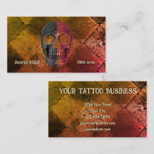 Gothic Orange Black Half Skull Tattoo Shop Visitenkarte
