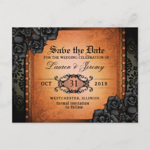 Gothic Orange & Black Halloween Rett Date PostCard Ankündigungspostkarte