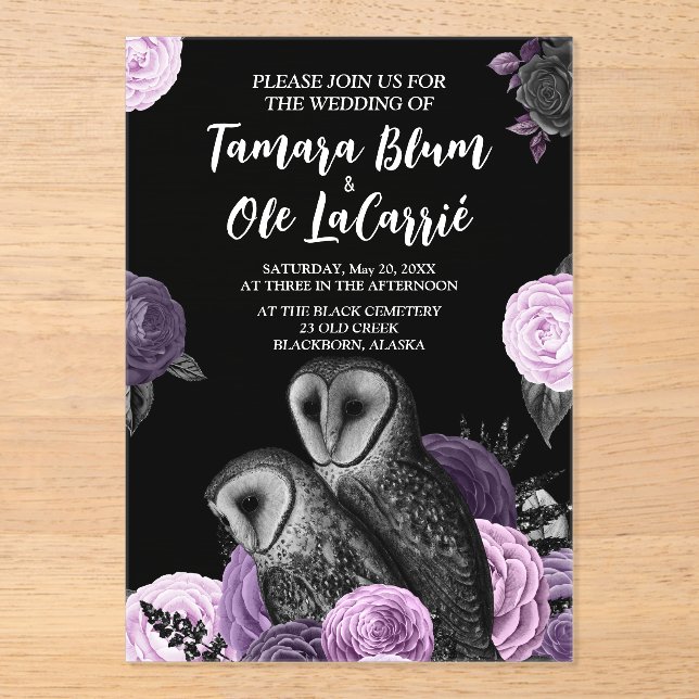 Gothic Owls Wedding Acryleinladungen (Vorderseite)