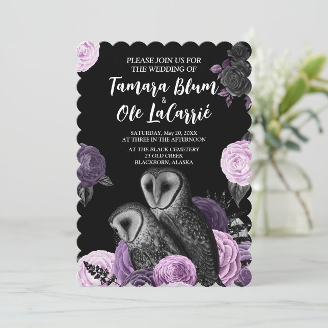 Gothic Owls Wedding Einladung (Stehend Vorderseite)