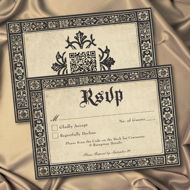 Gothic Parchment Medieval Until Death Wedding QR RSVP Karte (Gothic Parchment Medieval Until Death Wedding QR RSVP Card)