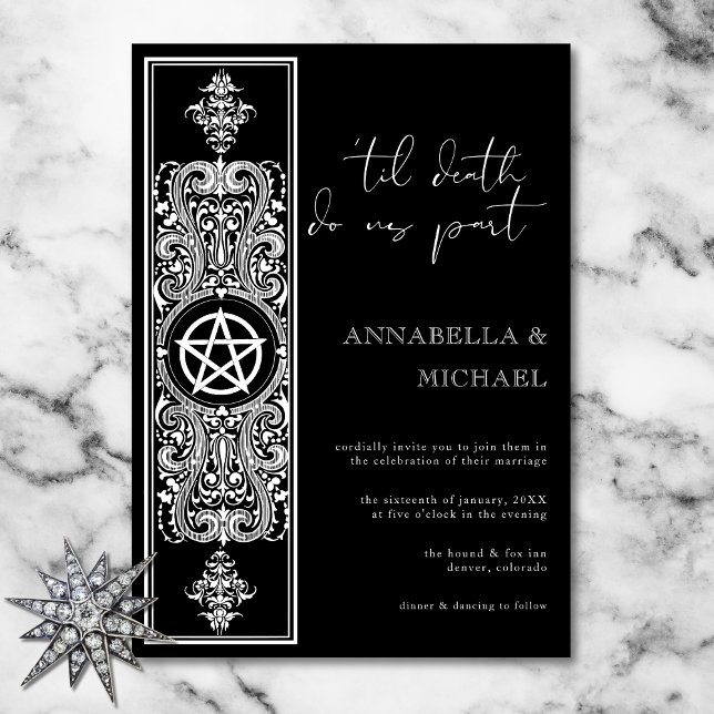 Gothic Pentagram Star Schwarz-weiß Wedding Einladung (Gothic Pentagram Star Black White Wedding Invitation)