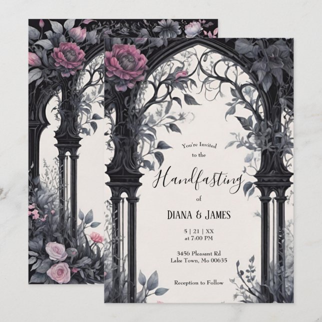 Gothic Pink Floral Garden Gate Pagan Handfasts Einladung (Vorne/Hinten)