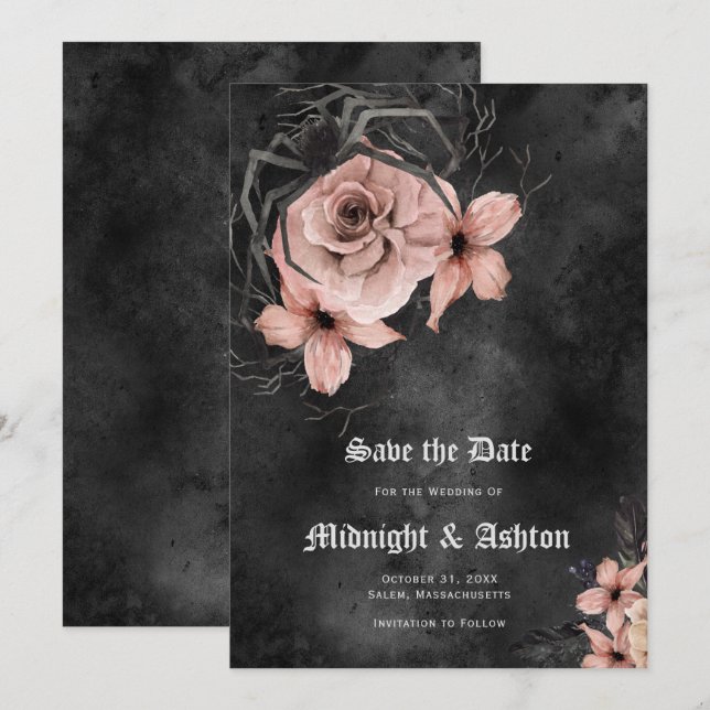 Gothic Pink Floral Spider Save the Date Einladung (Vorne/Hinten)