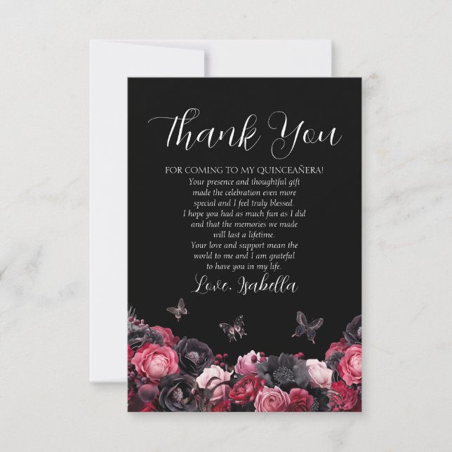 Gothic Pink Red & Black Moody Quinceañera Dankeskarte (Vorderseite)