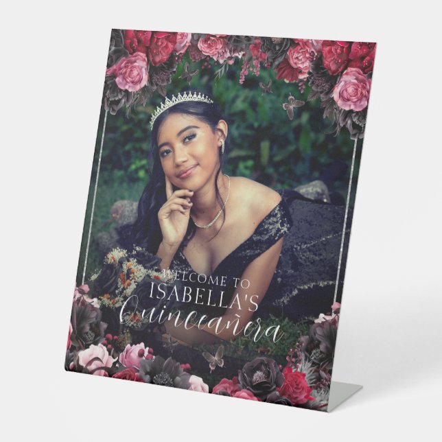 Gothic Pink Red & Black Quinceañera Willkommen Sockelschild (Vorderseite)