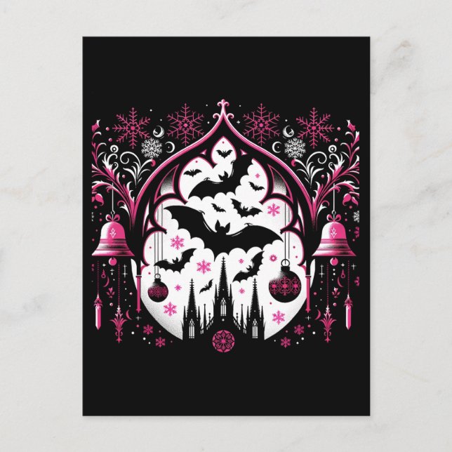 Gothic Pink und Black Christmas Bats Postkarte (Vorderseite)