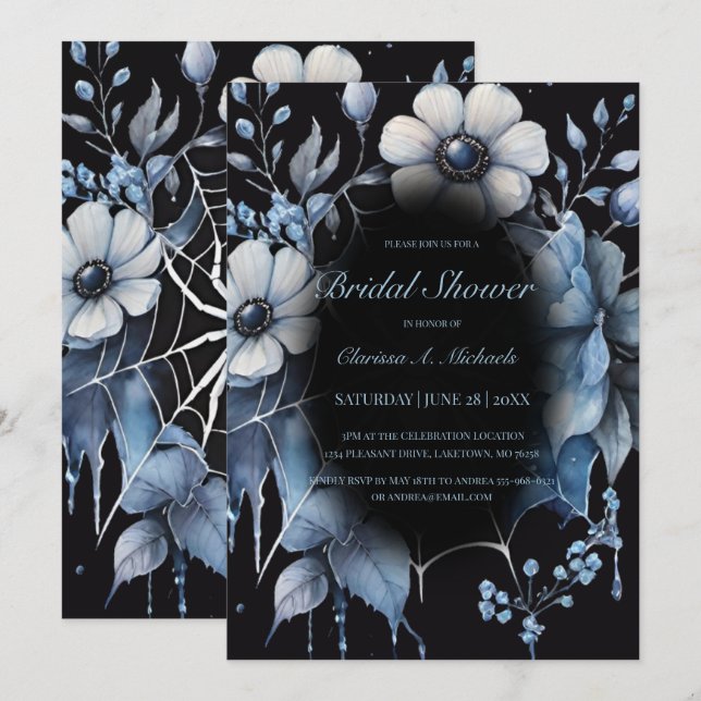 Gothic Powder Blue Floral Spider Web Bridal Shower Einladung (Vorne/Hinten)