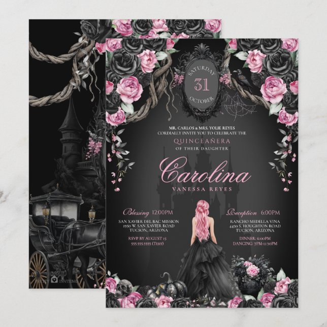 Gothic Princess Halloween Pink Black Quinceanera Einladung (Vorne/Hinten)