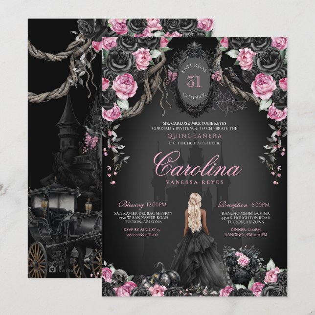 Gothic Princess Quinceañera Black & Pink Halloween Einladung (Vorne/Hinten)
