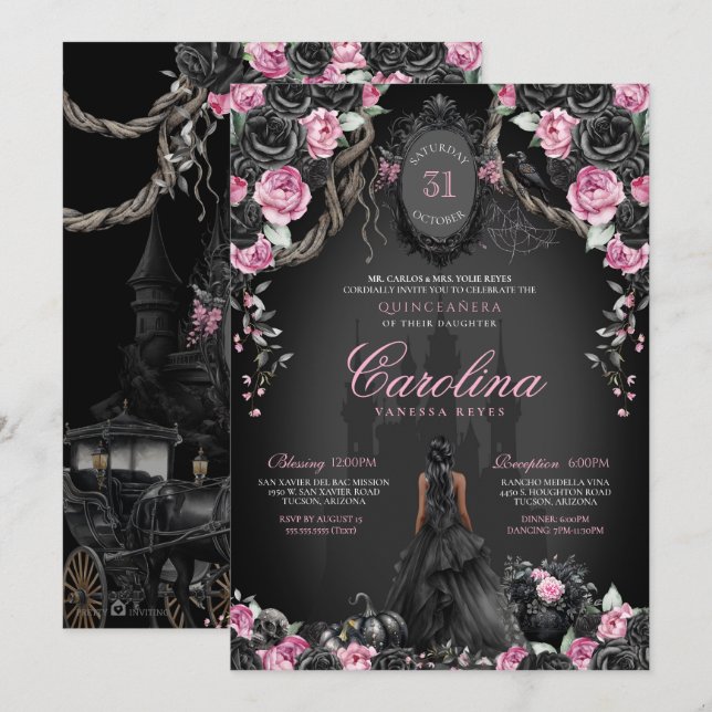 Gothic Princess Quinceañera Black & Pink Halloween Einladung (Vorne/Hinten)