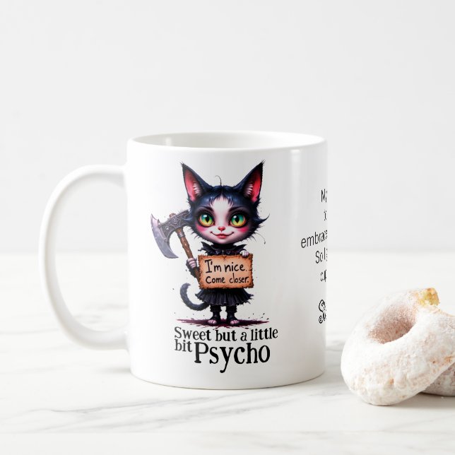 Gothic Psycho Süße Katze mit Axt  Kaffeetasse (Mit Donut)