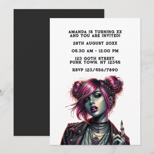 Gothic Punk Girl Birthday Party Einladung (Vorne/Hinten)