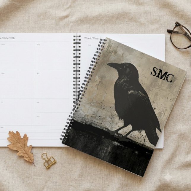 Gothic-Raben-Planer mit Monogramm Planer (A moody raven illustration on a spiral planner for a dark academia enthusiast's school year.)