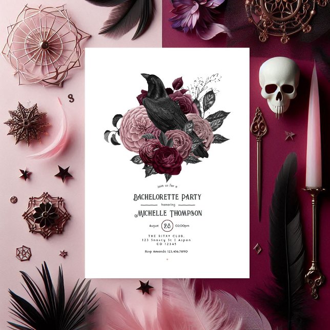 Gothic Raven and Dark Floral Junggeselinnen-Abschi Einladung (Gothic Raven and Dark Floral Bachelorette Party Invitation)