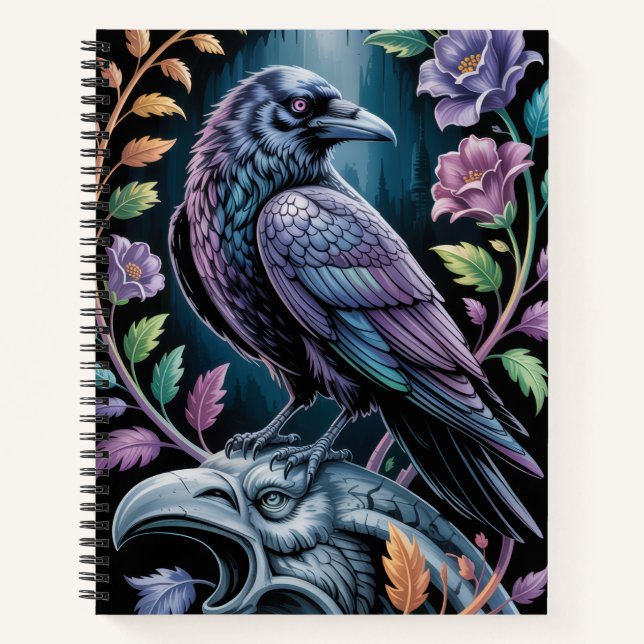 Gothic Raven Art mit floralen Akzenten Notizbuch (Vorderseite)