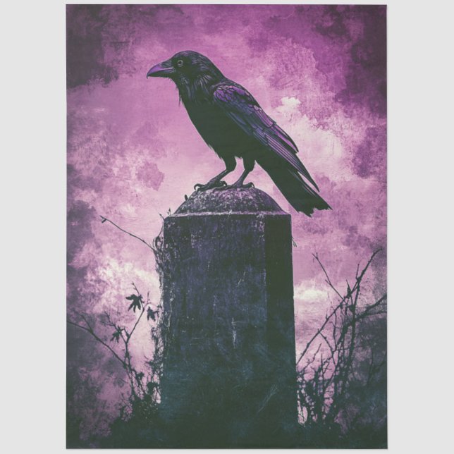 Gothic Raven auf Grabstein mit Lila Sky Seidenpapier (Vorderseite)