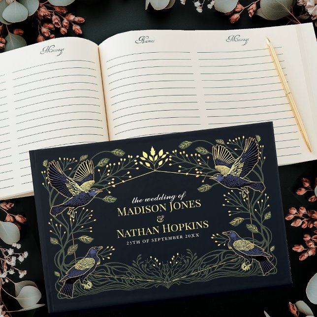 Gothic Raven Blumengrün-Blätter Hochzeit Gästebuch (Von Creator hochgeladen)