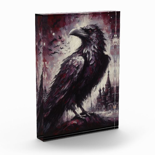 Gothic Raven Crow Bird Malerei Schwarze Rote Kunst Fotoblock (Links)