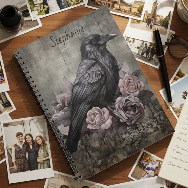 Gothic Raven Dark Academia Floral Notizblock (Personalized black raven with roses photo notebook)