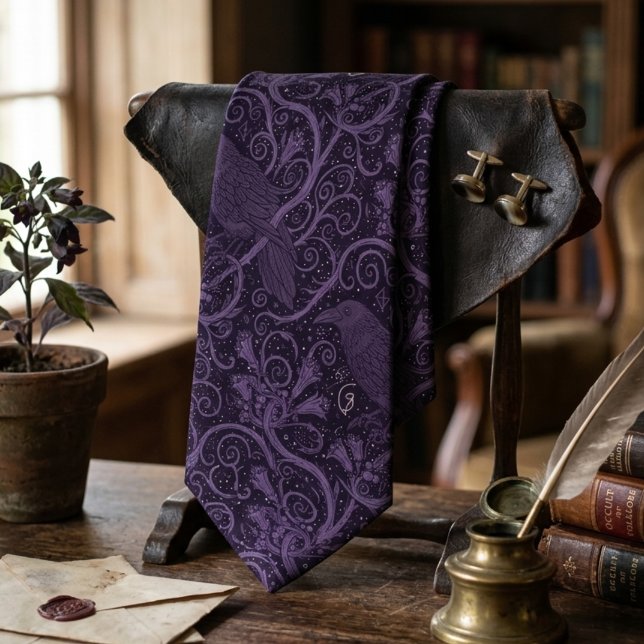 Gothic Raven Dark Academia Formale Aussage Krawatte (Whimsigoth raven purple necktie)