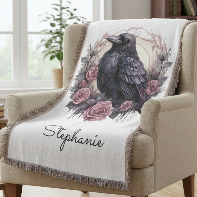 Gothic Raven Dark Academia Pink Floral Decke (Gothic Black Raven throw blanket)