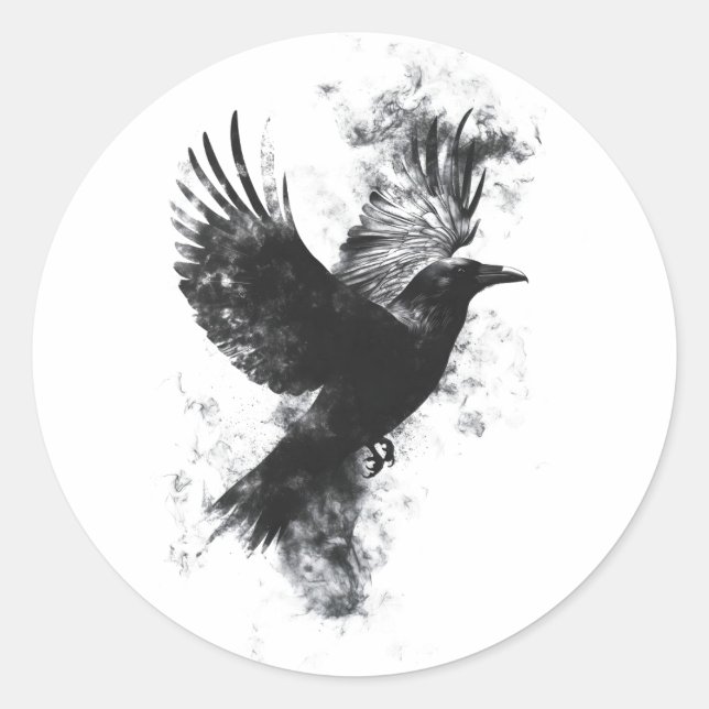 Gothic Raven Illustration: Rauch und Federn Runder Aufkleber (Vorderseite)