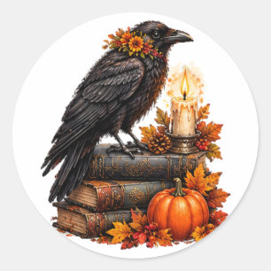 Gothic Raven Kürbis Halloween Bücher Runder Aufkleber