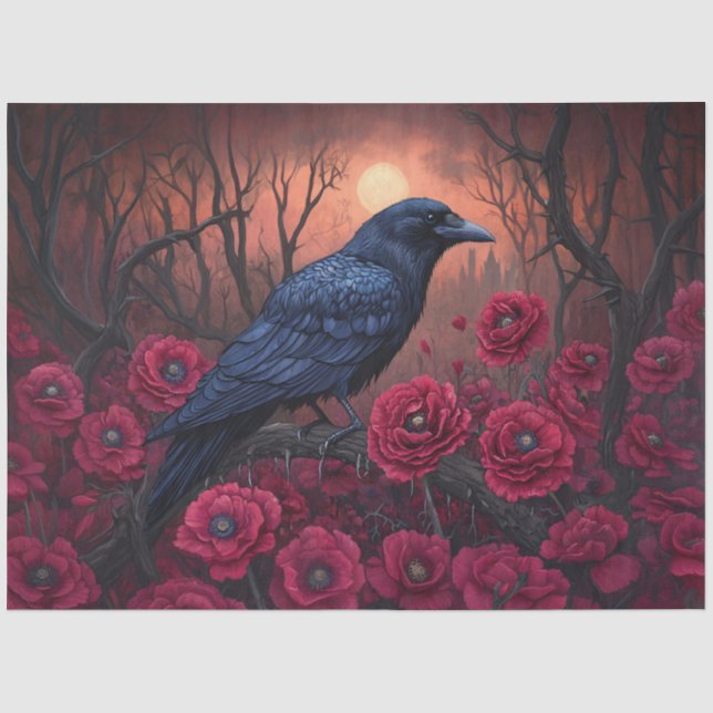 Gothic Raven mit Dark Red Poppies Decoupage Seidenpapier (Vorderseite)