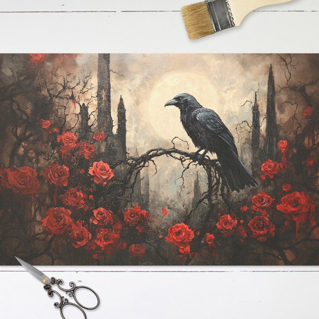 Gothic Raven mit dunklen Rote Rosen Decoupage Seidenpapier (Von Creator hochgeladen)