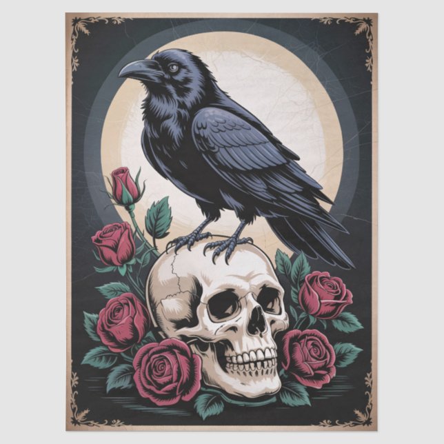 Gothic Raven mit Skull und Rose Decoupage Seidenpapier (Vorderseite)
