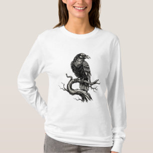 Gothic Raven on Tree Branch - Dunkles Halloween T-Shirt