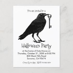 Gothic Raven Skeleton Key Halloween-Party Einladungspostkarte