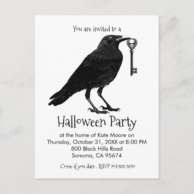 Gothic Raven Skeleton Key Halloween-Party Einladungspostkarte (Vorderseite)