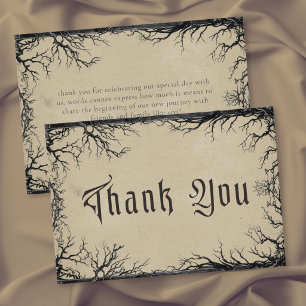 Gothic Raven Tree Engraving Schwarz Beige Hochzeit Dankeskarte