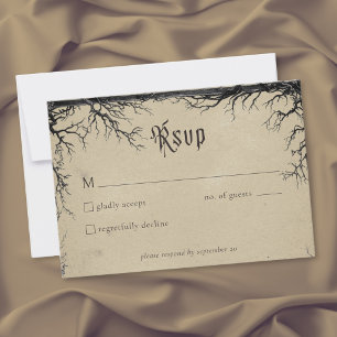 Gothic Raven Tree Engraving Schwarz Tan Hochzeit RSVP Karte