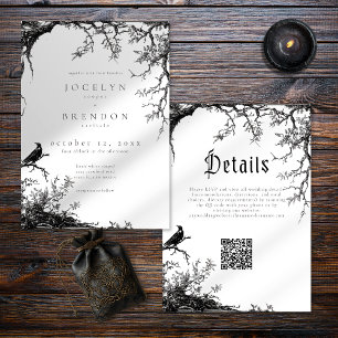 Gothic Raven Tree Engraving Schwarz Weiß Hochzeit Einladung