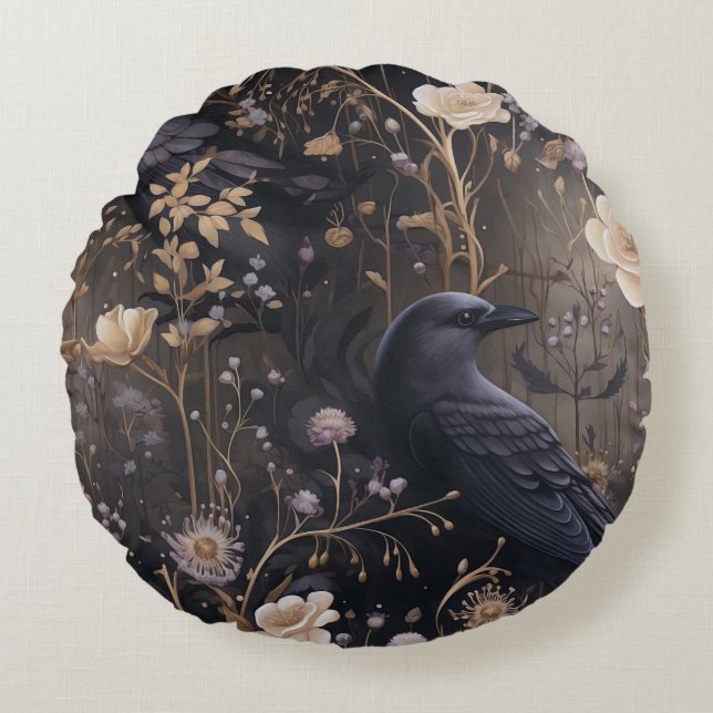 Gothic Ravens & Blume Muster Rundes Kissen (Vorderseite)