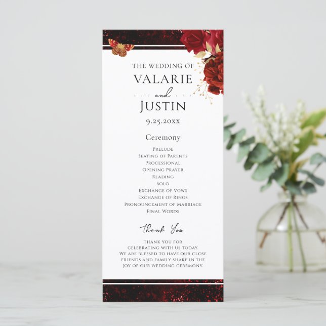 Gothic Red and Black Floral Wedding Program Programm (Stehend Vorderseite)
